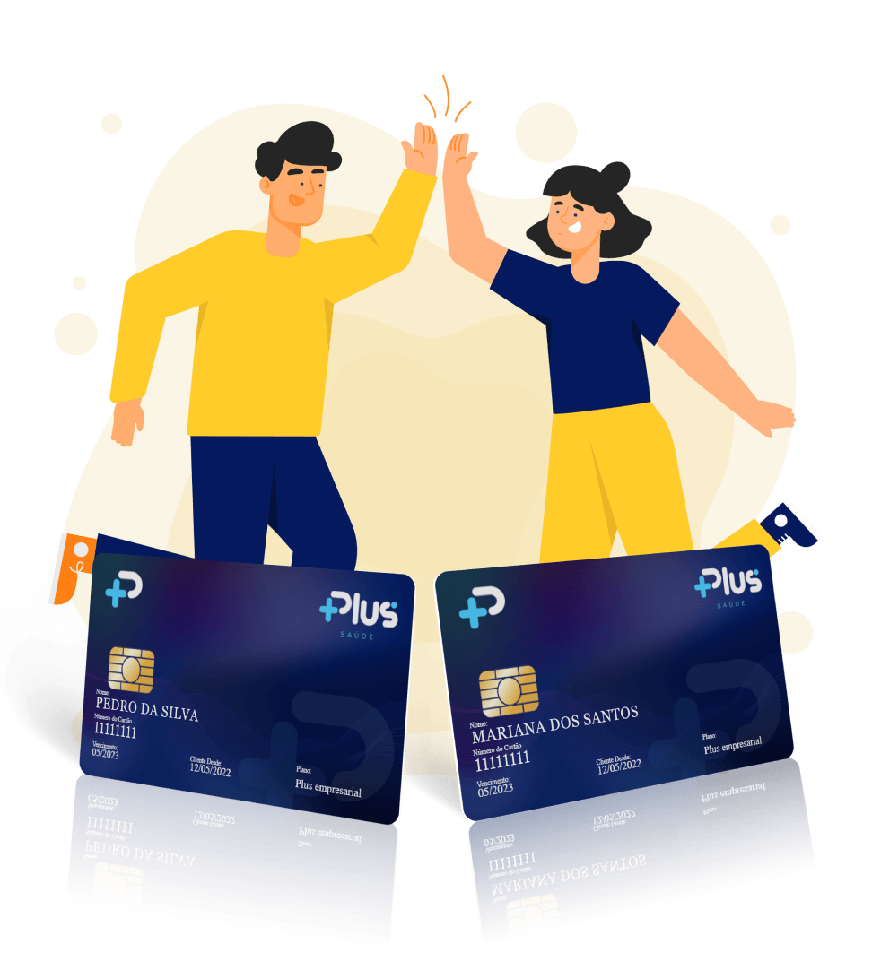 Imagem ilustrativa de duas pessoas batendo as mão e dois catãoes da plus saúde